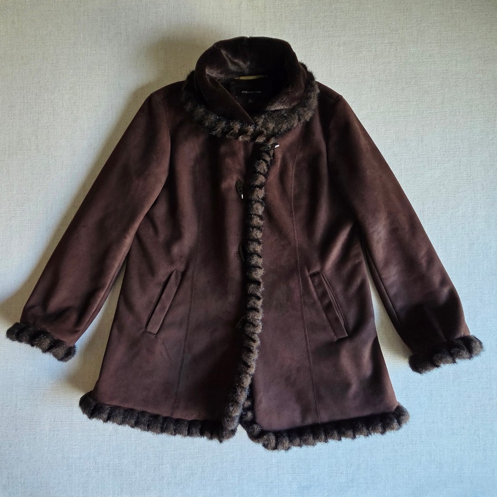 Jones New York Brown Vegan Suede Y2K Faux Fur Lined Coat Large Penny Lane - Picture 12 of 13